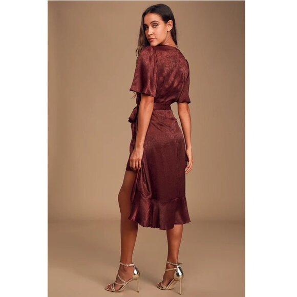 Wrapped Up In Love Burgundy Satin Faux-Wrap Midi Dress - NWT - Size Small - Picture 2 of 5